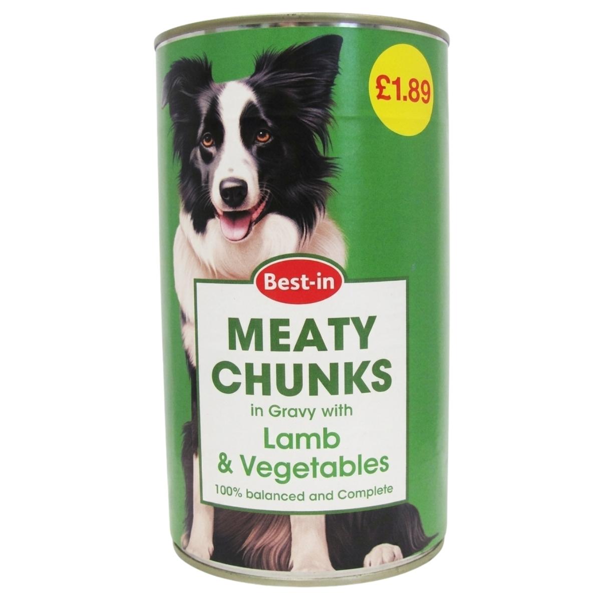 A 1.2kg can of Best In Meaty Chunks in Gravy with Lamb & Vegetables, priced at £1.89, features green packaging with a black and white dog image.