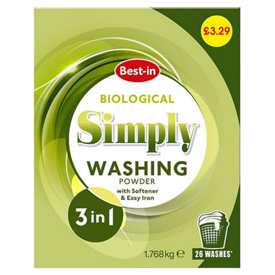 Best In 3 in 1 Bio Washing Powder, 1.768kg, provides 26 washes for £3.29. This detergent includes fabric softener, easy iron features, and is a powerful stain remover.