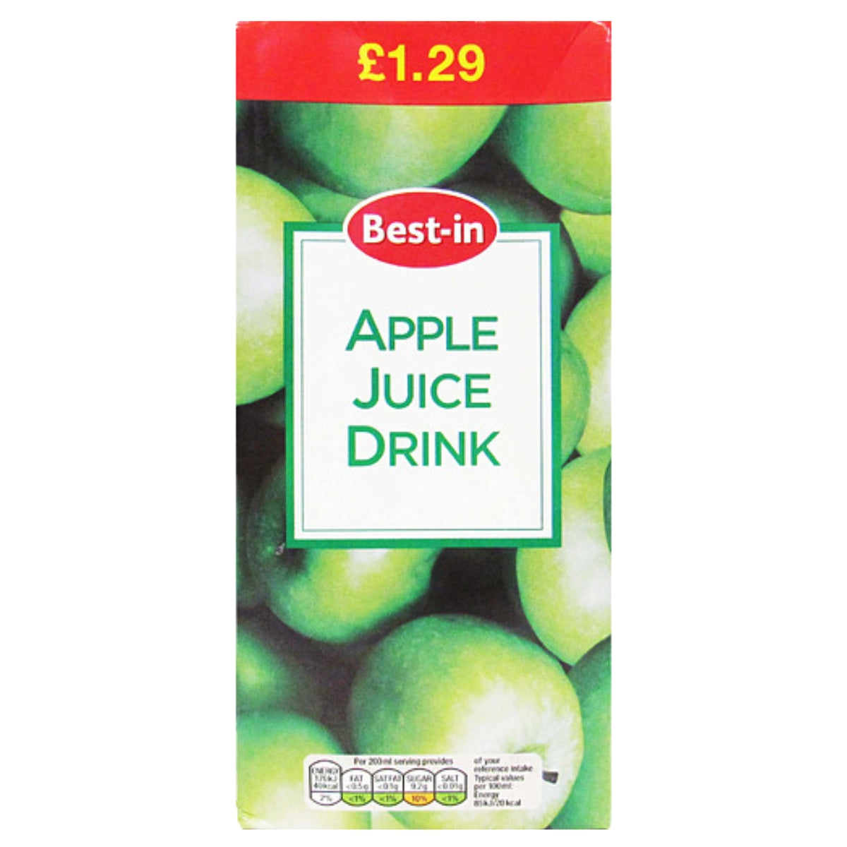 A carton of Best-in Apple Juice Drink featuring green apples on the front, with a red top band showing the price £1.29.