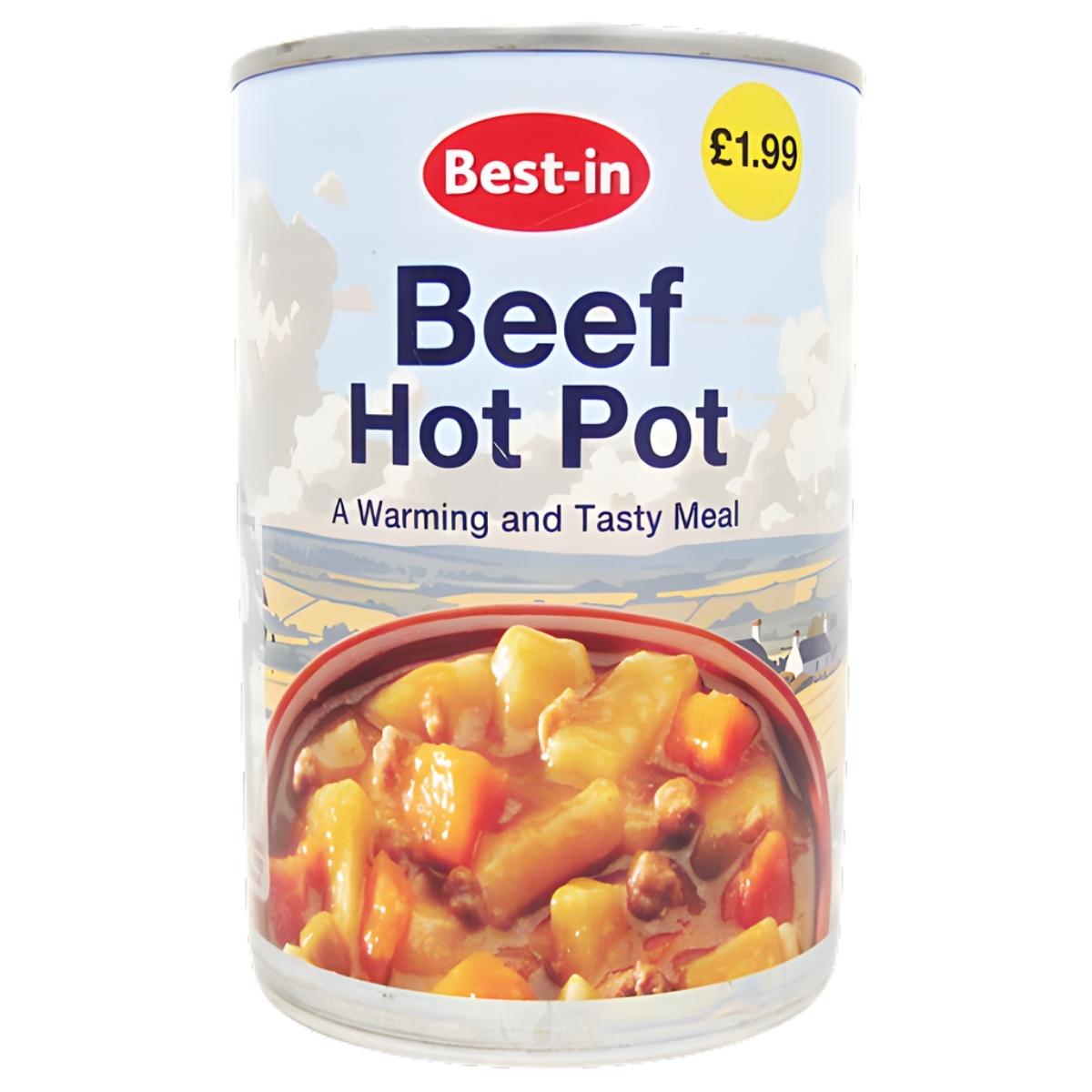 A 390g tin of Best In - Beef Hot Pot, featuring minced beef and a meal image on the label. Priced at £1.99, with the tagline: "A Warming and Tasty Meal." Brand: Best In.
