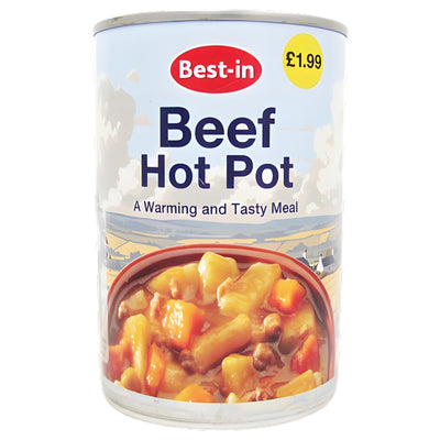 A 390g tin of Best In - Beef Hot Pot, featuring minced beef and a meal image on the label. Priced at £1.99, with the tagline: "A Warming and Tasty Meal." Brand: Best In.