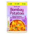 A 400g can of Best In Bombay Potatoes in Spicy Sauce, with diced potatoes in a mildly spicy Indian sauce, dish image on the pack, and a £1.89 price displayed.