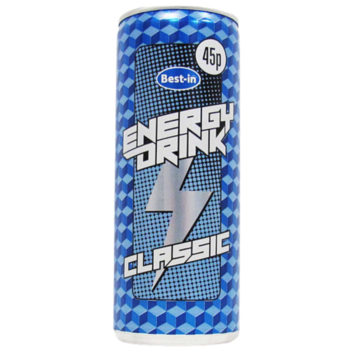 A 250ml blue can of Best In - Classic Energy Drink features a geometric pattern, lightning bolt graphic, and a 45p price label.