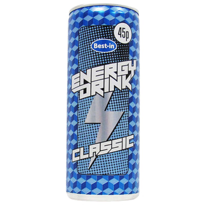A 250ml blue can of Best In - Classic Energy Drink features a geometric pattern, lightning bolt graphic, and a 45p price label.