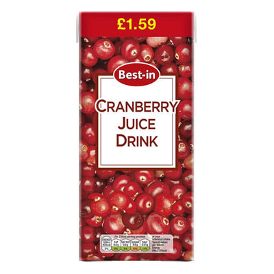 Carton of Best In Cranberry Juice - 1L priced at £1.59 with a prominent display of cranberries.
