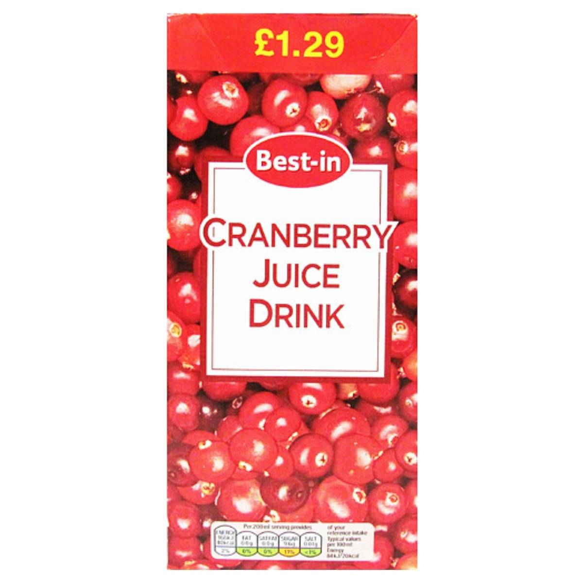 A 1L carton of Best In Cranberry Juice Drink, priced at £1.29, features cranberries on its packaging.