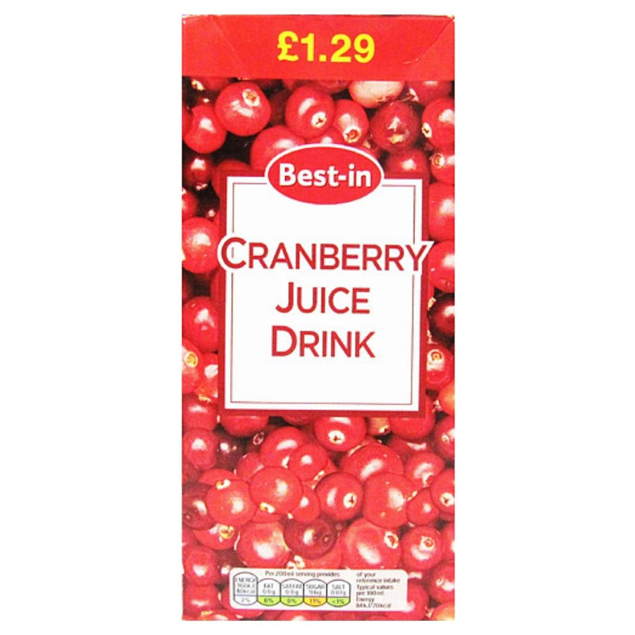 A 1L carton of Best In Cranberry Juice Drink, priced at £1.29, features cranberries on its packaging.