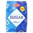 A 500g bag of Best In Granulated Sugar, featuring a blue design with mugs and a yellow 79p price label—perfect for baking and daily use.