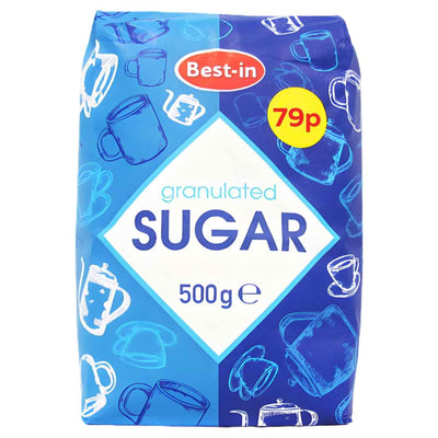 A 500g bag of Best In Granulated Sugar, featuring a blue design with mugs and a yellow 79p price label—perfect for baking and daily use.