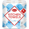 A four-pack of Best In 2-ply white kitchen towels (4 rolls) with blue checkered and water droplet design on the packaging.