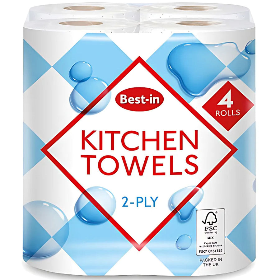 A four-pack of Best In 2-ply white kitchen towels (4 rolls) with blue checkered and water droplet design on the packaging.