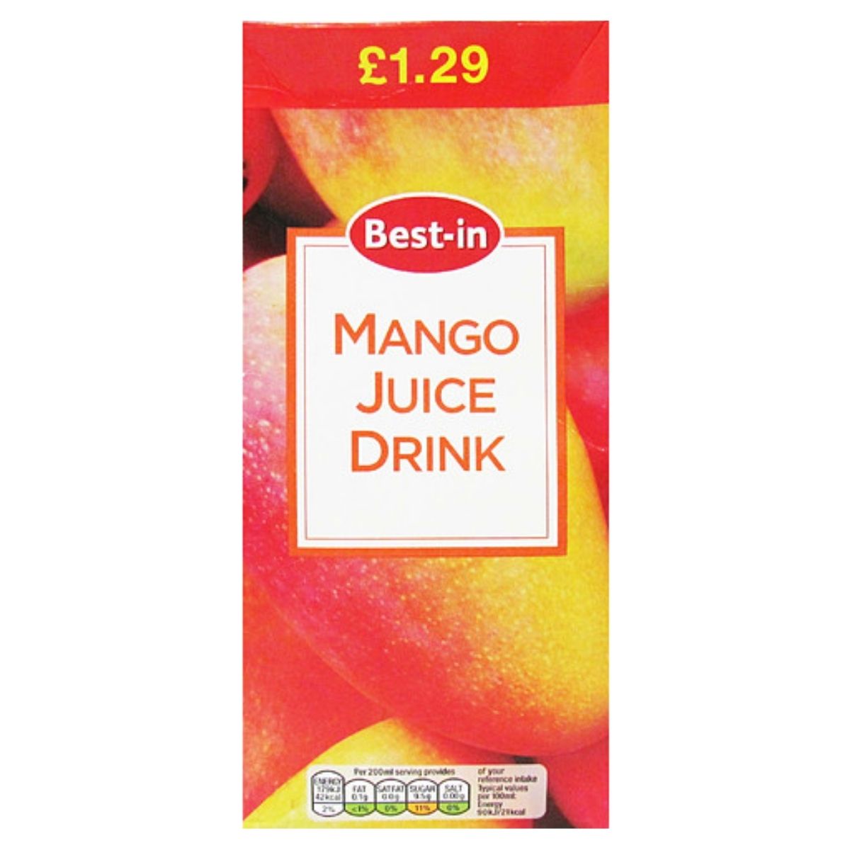 Mango juice drink package with 'Best-in' branding on a white background