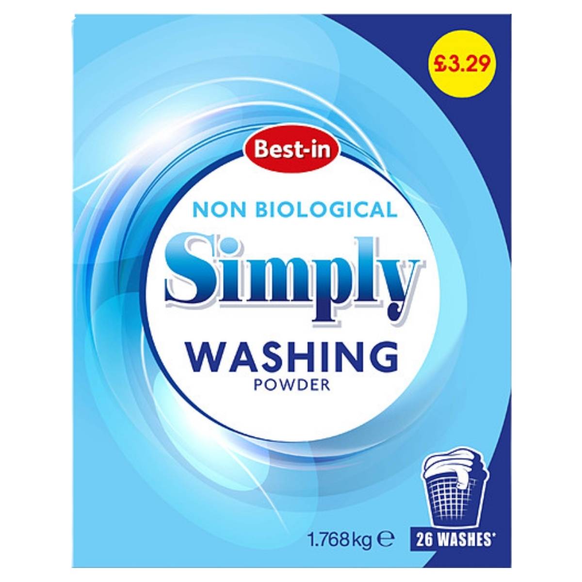 Best In Non Bio Washing Powder, 1.768kg for 26 washes, gentle on sensitive skin. Blue and white swirl packaging. Price marked £3.29.