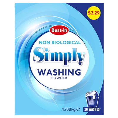 Best In Non Bio Washing Powder, 1.768kg for 26 washes, gentle on sensitive skin. Blue and white swirl packaging. Price marked £3.29.