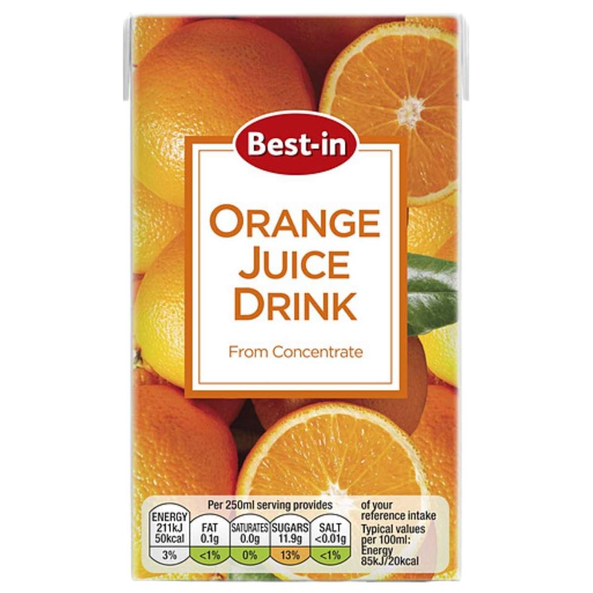 A 1L carton of Best In Orange Juice Drink from concentrate, with oranges and nutritional info displayed on the front.