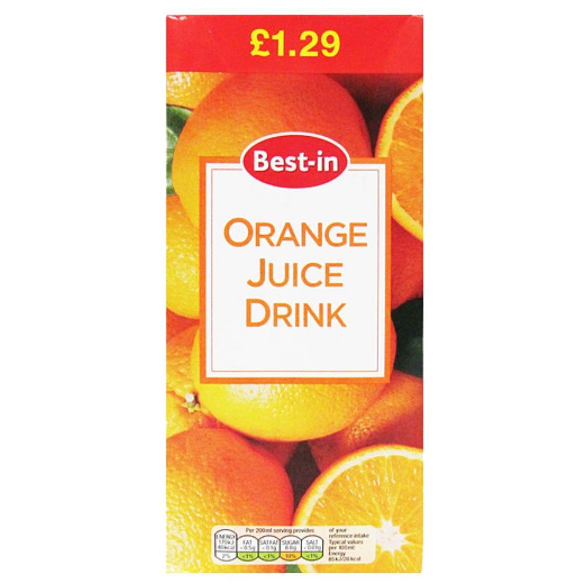 Packaged orange juice drink with visible price and brand name on a white background
