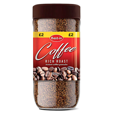 Best In - Rich And Roasted Instant Coffee Granules, 100g with a red label and brown lid, delivers a rich, roasted flavor and is priced at £2.