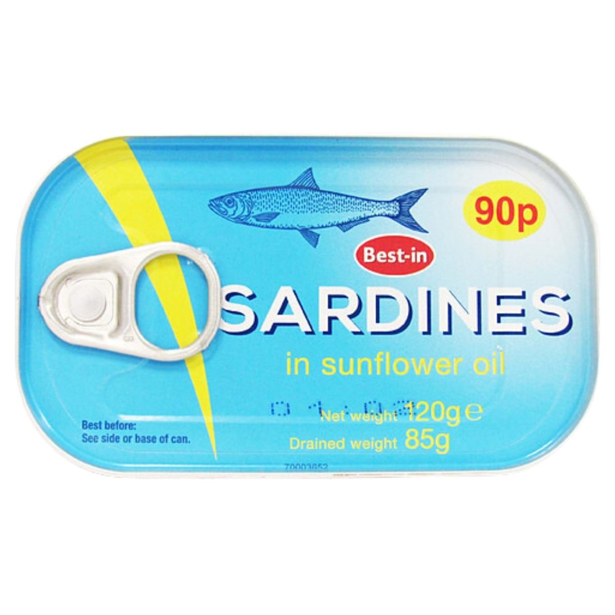 A tin of Best In Sardines in Sunflower Oil, featuring a pull-tab lid and a blue design, is priced at 90p. The net weight is 120g, and the drained weight is 85g.