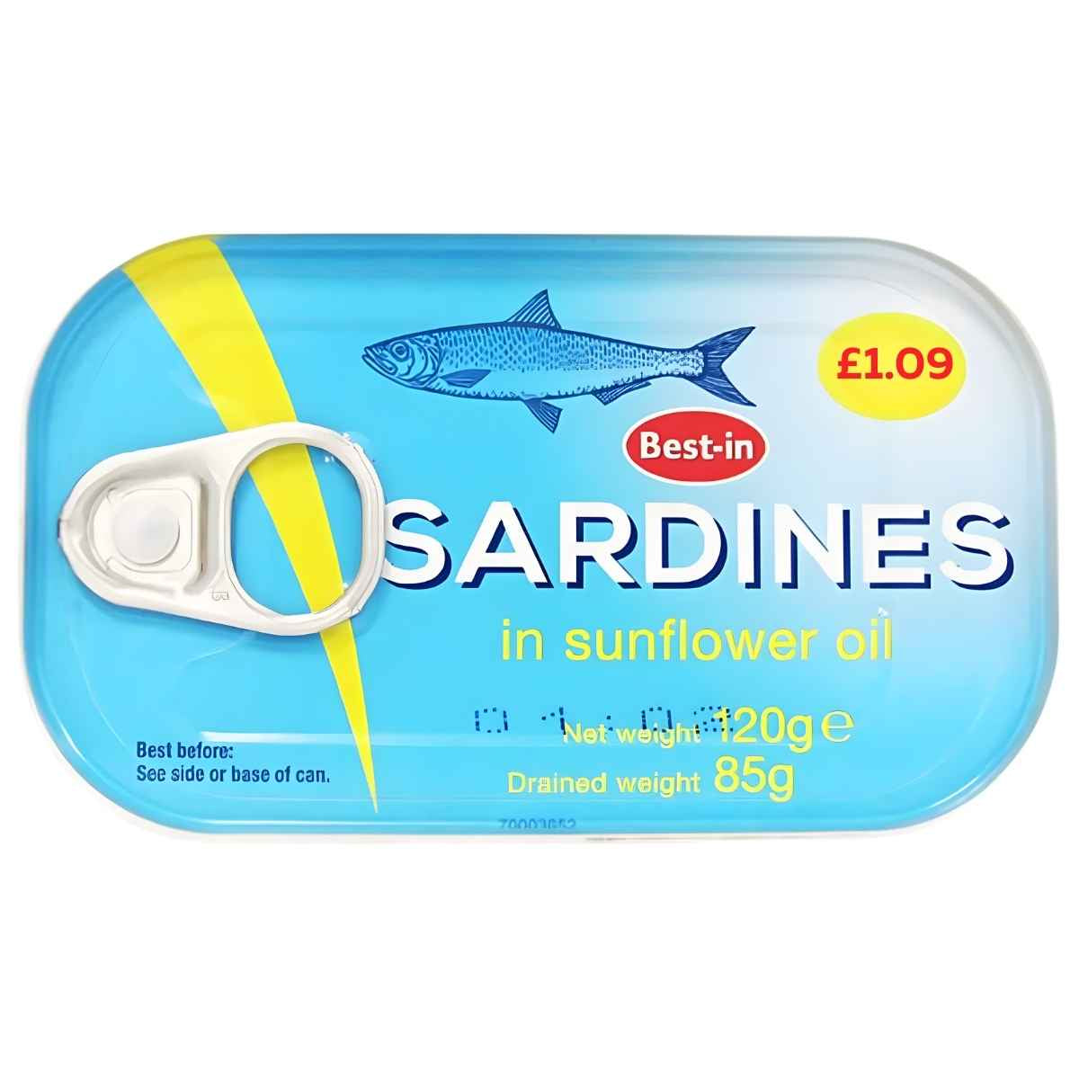 A 120g tin of Best In Sardines in Sunflower Oil, rich in omega-3, with 85g drained weight, price marked at £1.09.