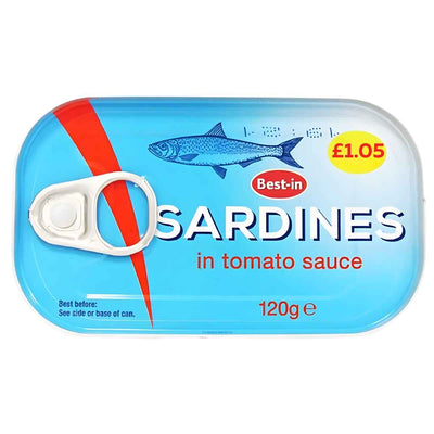 A 120g can of Best In Sardines in Tomato Sauce, priced at £1.05, features a pull-tab lid, blue packaging, and is rich in omega-3 fatty acids for a nutritious meal.