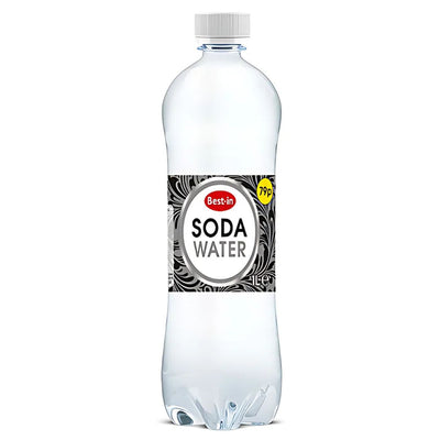 A 1-liter "Best In - Soda Water" bottle with a black and white label, priced at 79p, contains refreshing carbonated water in clear plastic.