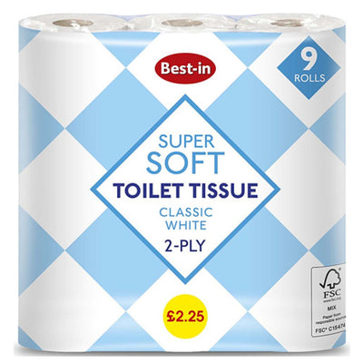 Pack of Best In - Soft Toilet Tissue White - 9pcs, classic white 2-ply, in blue and white packaging, priced at £2.25.
