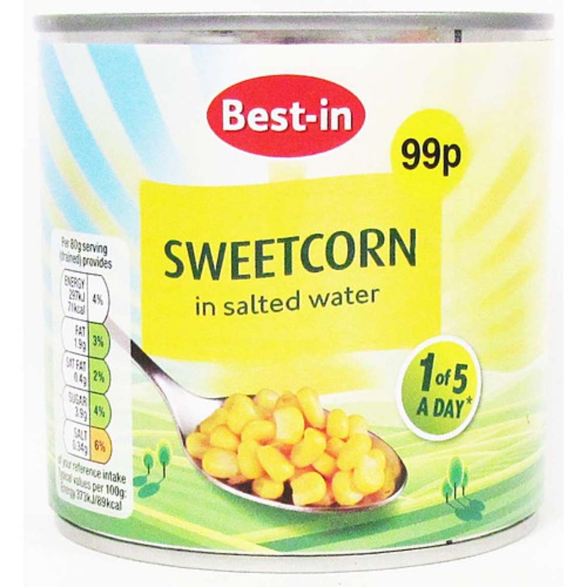 Can of Best-in sweetcorn in salted water with a yellow label and spoonful of corn illustration.