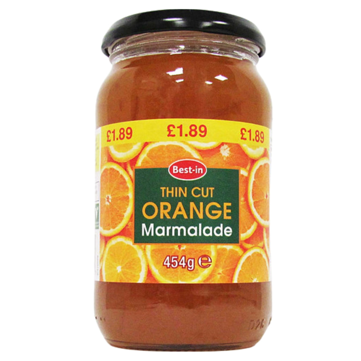 A 454g jar of Best In Thin Cut Orange Marmalade, priced at £1.89, features a label with orange slices. Made with real orange fruit, this marmalade from Best In includes pectin and citric acid to achieve the ideal set and a tangy flavor.