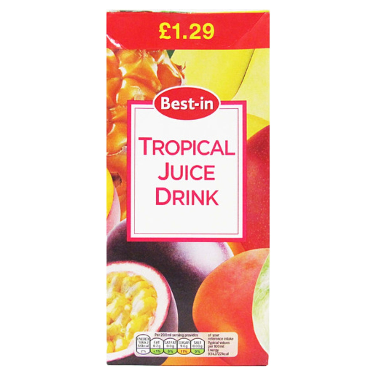 A 1L rectangular carton of Best In Tropical Juice Drink, priced at £1.29, featuring images of various tropical fruits on the packaging.