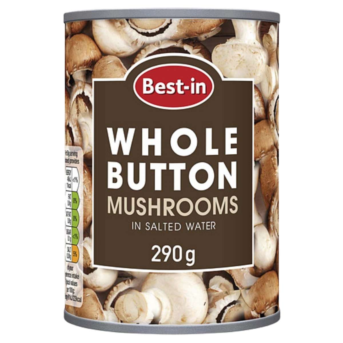 Can of Best-in Whole Button Mushrooms on a white background