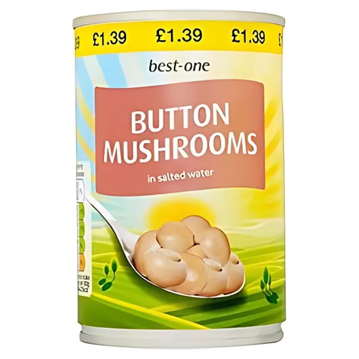 A 290g can of Best One button mushrooms, preserved in salted water, is priced at £1.39.