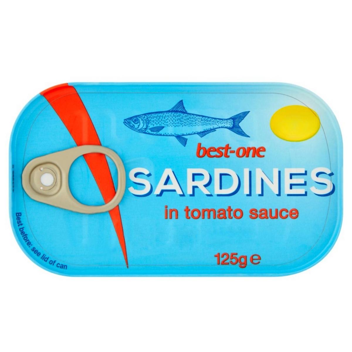 A 125g tin of Best One sardines in tomato sauce with a pull tab opener.