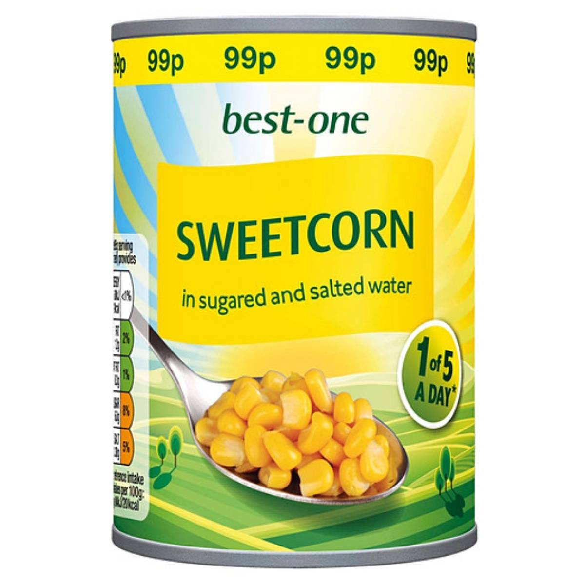 A 340g can of Best One Sweetcorn in Salted Water Naturally Sweet, priced at 99p, featuring an image of corn on a spoon and a "1 of 5 a day" label.