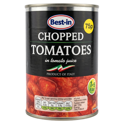 A metal can of Best in - Chopped Tomatoes - 400g in tomato juice with nutritional information on the label.