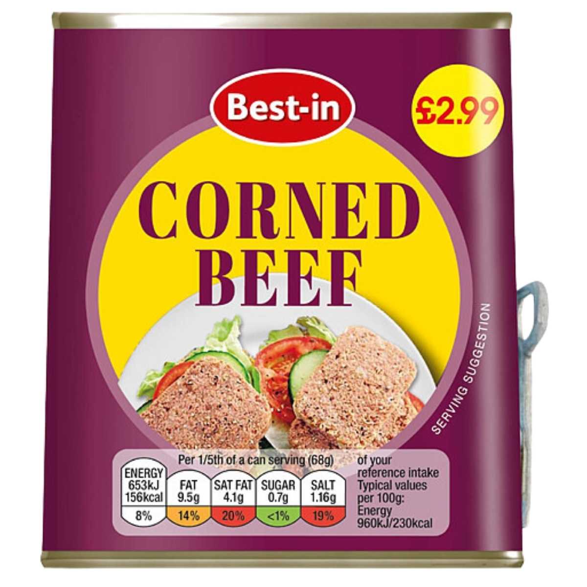 A 340g can of Best in Corned Beef, available for £2.99, highlights its robust flavor with detailed nutritional information and a serving suggestion, featuring corned beef slices on a sandwich.