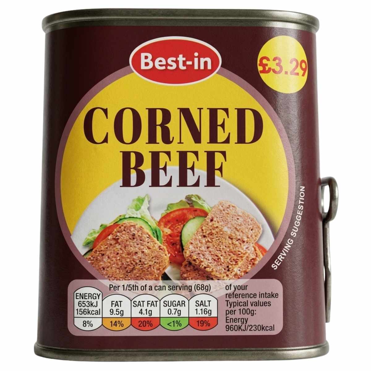 A 340g can of Best In Corned Beef, the classic tinned meat, displays an image of sliced corned beef with salad, a £3.29 price tag, and nutritional details on the front.