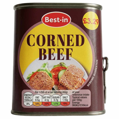 A 340g can of Best In Corned Beef, the classic tinned meat, displays an image of sliced corned beef with salad, a £3.29 price tag, and nutritional details on the front.