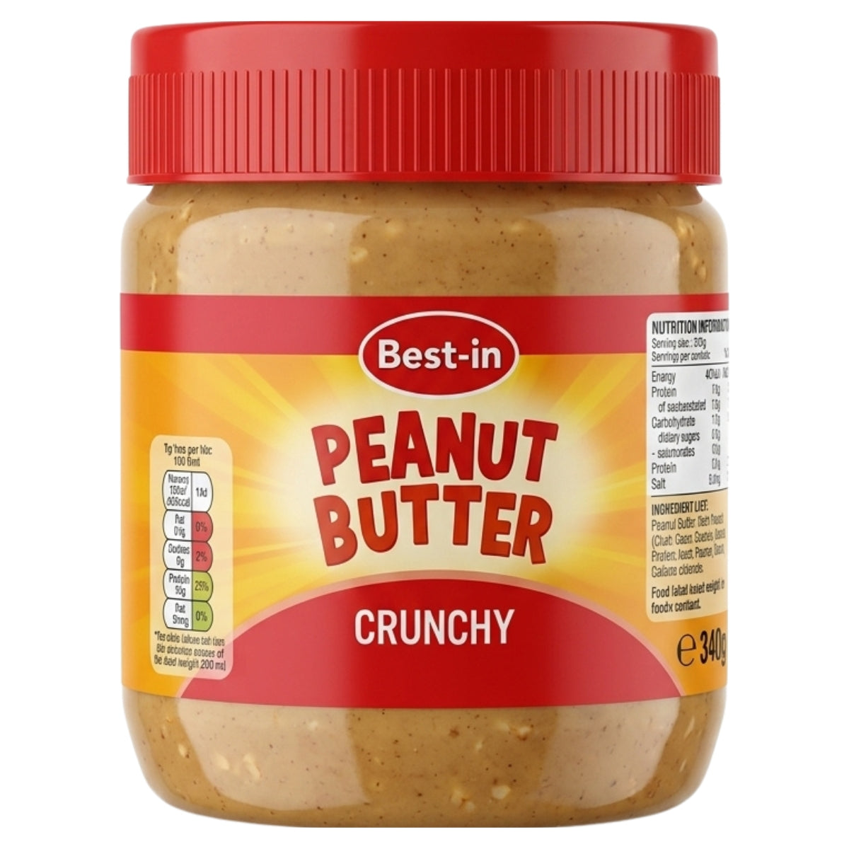A 340g jar of Best In Crunchy Peanut Butter, featuring a red lid and yellow label with nutritional information—a classic pick for UK peanut butter fans who love both texture and taste.