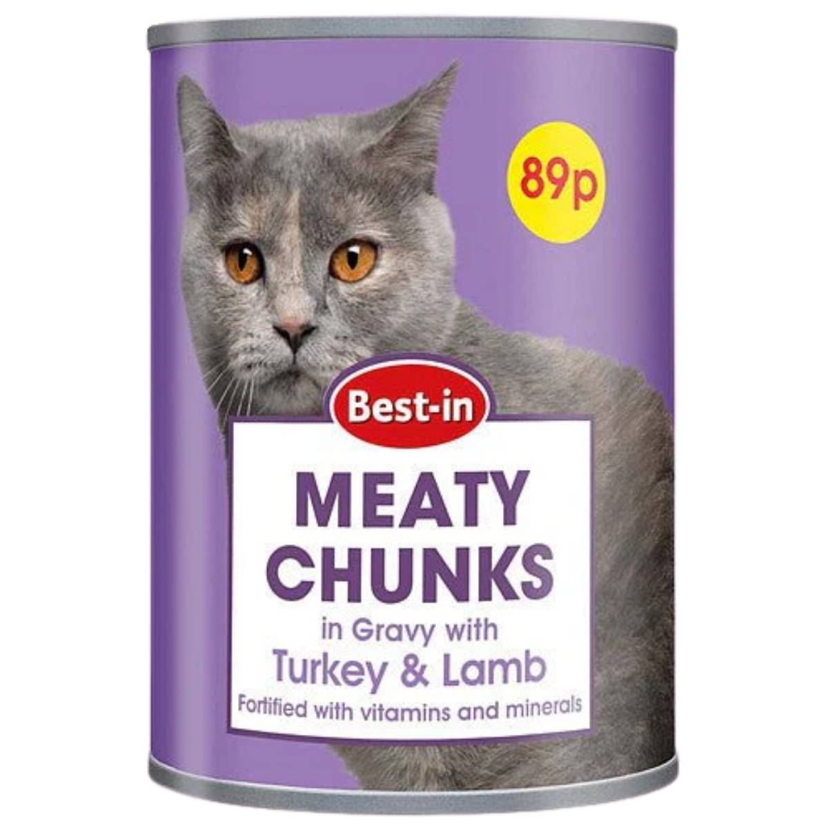 Can of Best-in Meaty Chunks cat food with a purple label and gray cat image.