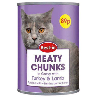 Can of Best-in Meaty Chunks cat food with a purple label and gray cat image.