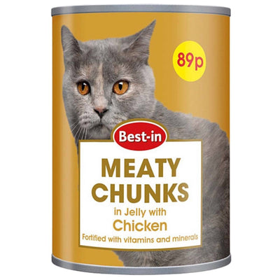 Can of Best-in Meaty Chunks cat food with a gray cat on the label.