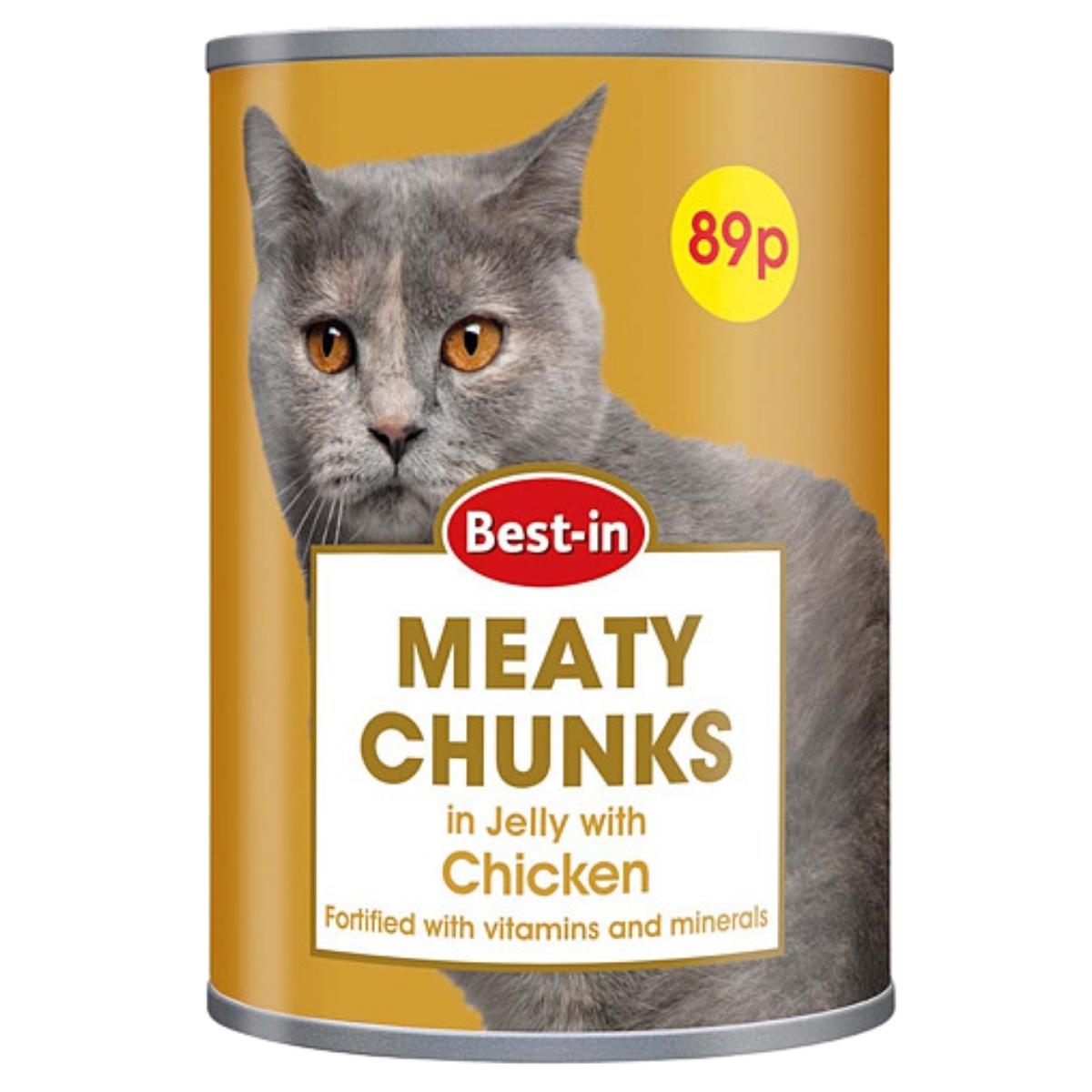 Can of Best-in Meaty Chunks cat food with a cat's face on the label.
