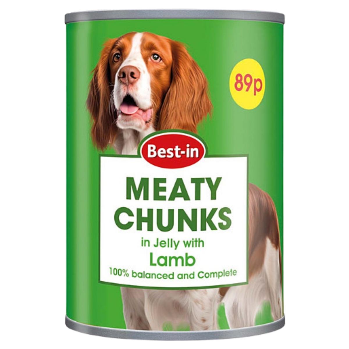 Can of Best-in Meaty Chunks in Jelly with Lamb on a white background