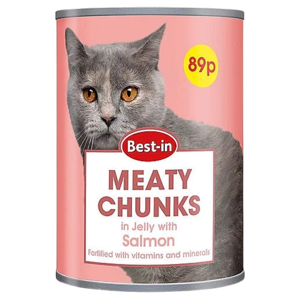 Can of Best-in Meaty Chunks cat food with a gray cat on the label.
