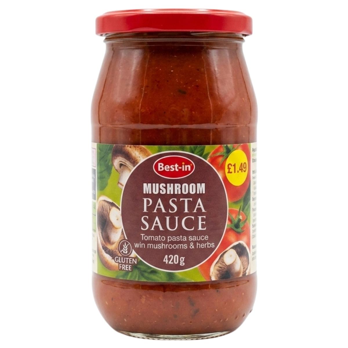A 420g jar of Best In Mushroom Pasta Sauce features a red lid and label promoting tomato concentrate, mushrooms, Provencal herbs, gluten-free quality, and is priced at £1.49.