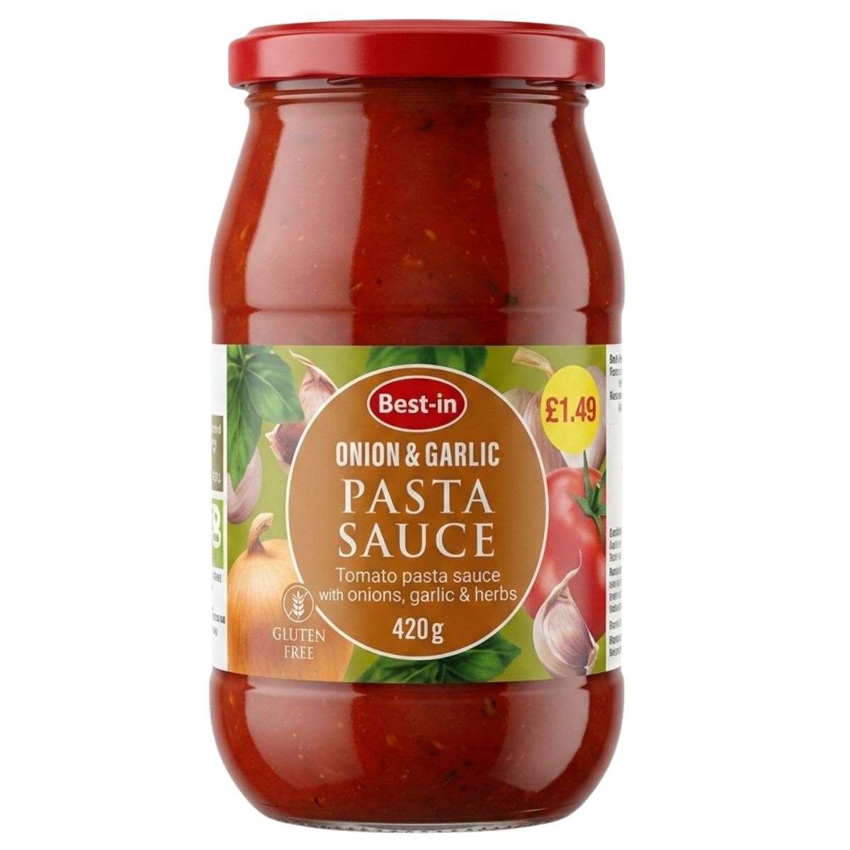 Best In Onion & Garlic Pasta Sauce, 420g jar with a red lid, is gluten free and enriched with tomato concentrate. The label displays onions, garlic, and tomatoes. Price: £1.49.