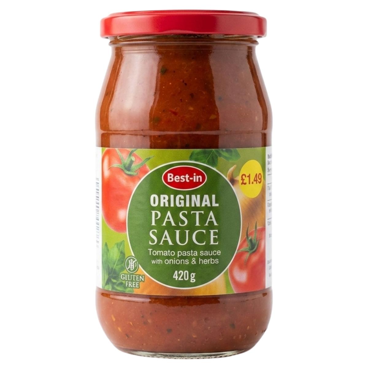 A 420g jar of Best In Original Pasta Sauce with onions and herbs, labeled gluten free, is priced at £1.49.