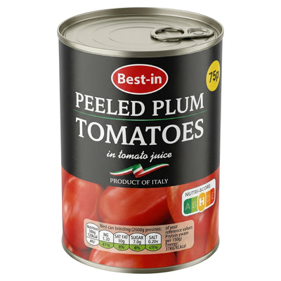 A 400g can of Best in - Peeled Plum Tomatoes in tomato juice, featuring a Nutri-Score label and nutritional information.
