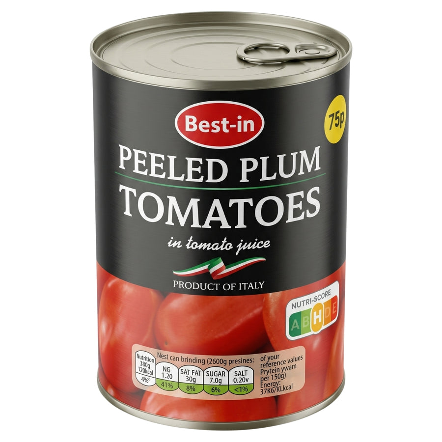 A 400g can of Best in - Peeled Plum Tomatoes in tomato juice, featuring a Nutri-Score label and nutritional information.