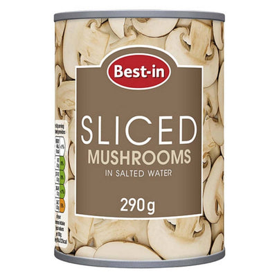 A 290g can of Best in Sliced Mushroom in Salted Water features an image of perfectly cut mushrooms to highlight their freshness and flavor.